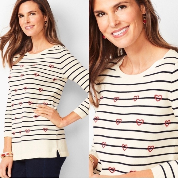TALBOTS Heart Sweater Striped Nautical embroidered Valentine’s Day Size MP - Picture 1 of 5